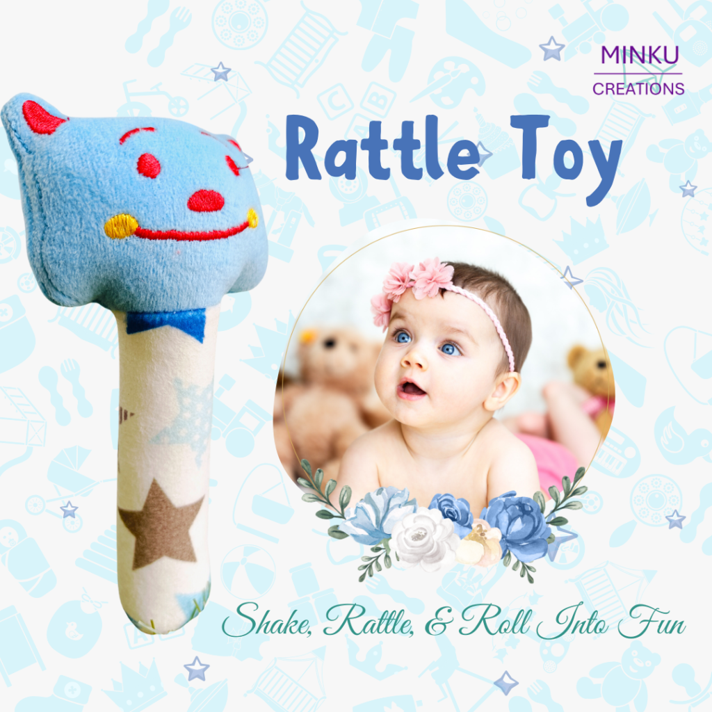 KitMik Cute Face Rattle Cum Soft Toy-Blue,3+ Months