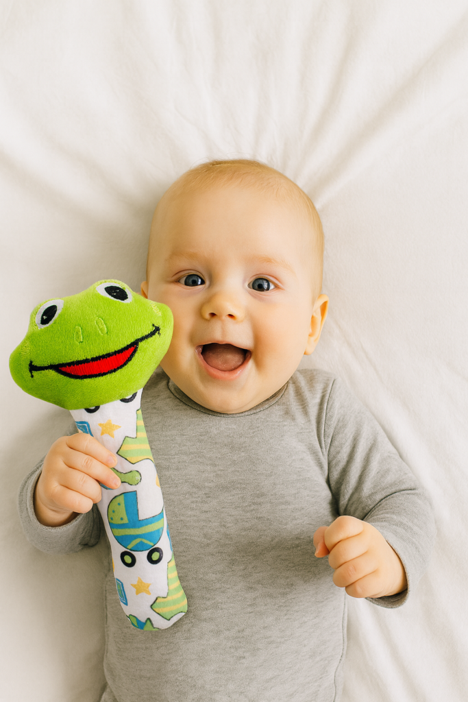 KitMik Frog Face Rattle Cum Soft Toy-Green,3+ Months
