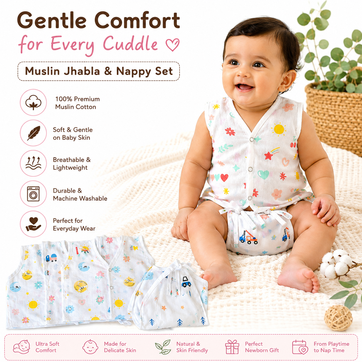 Muslin Jhabla and Nappy combo-Pack of 4 - Image 2
