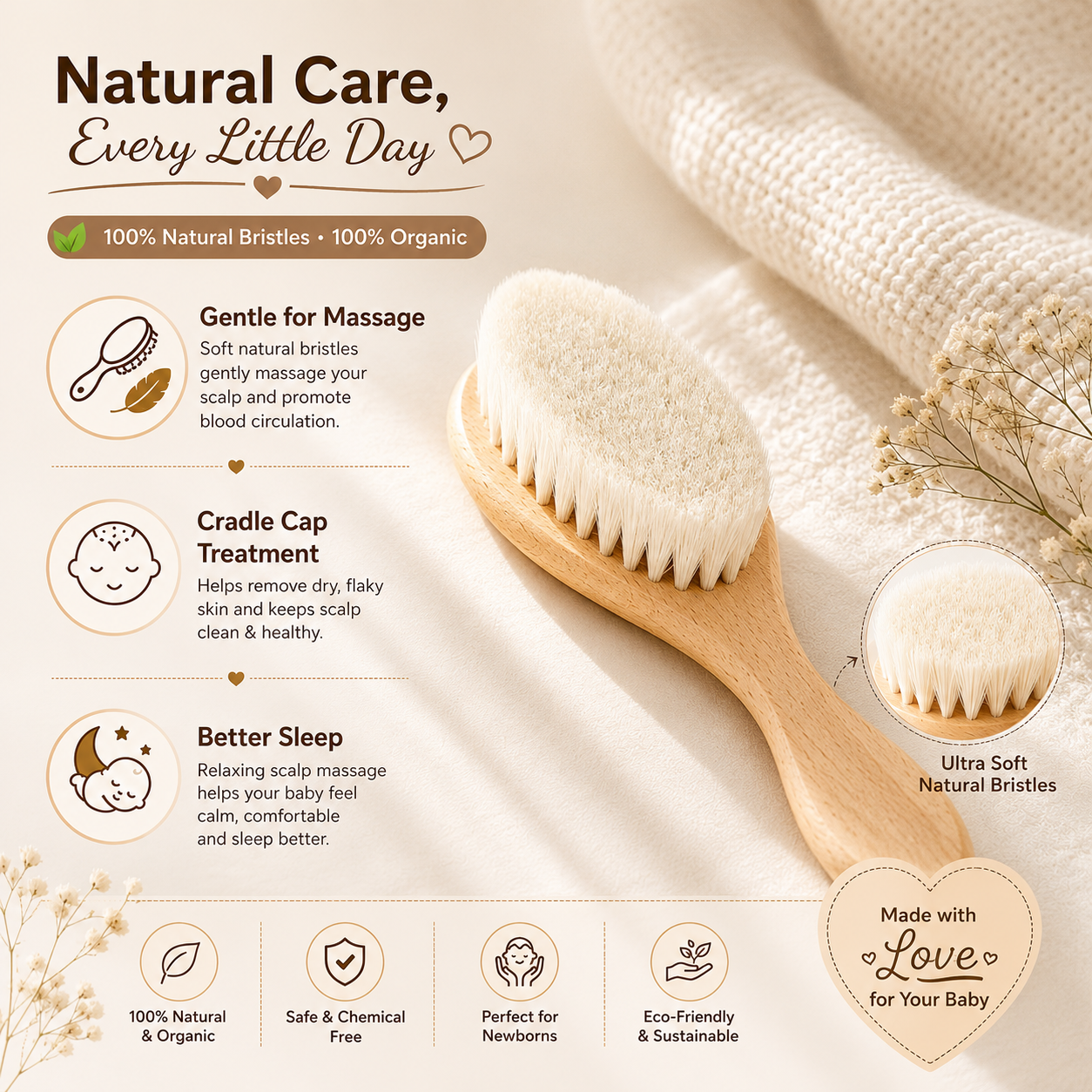 KitMik Natural Wooden Baby Hair Brush – Soft Natural Bristle Baby Brush for Scalp Health & Cradle Cap Treatment - Image 4