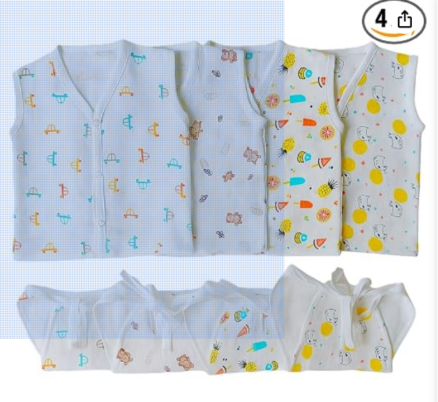 Organic Muslin Button Jhabla and 5-Layer Nappy Set – Ultra-Soft & Breathable Baby Clothing (Pack of 4 Jhabla & 4 Nappy)-Multi Print,0-3 Months - Image 1