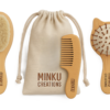 KitMik wooden baby hair brush, comb and cat-shaped brush 3-piece set with cotton pouch