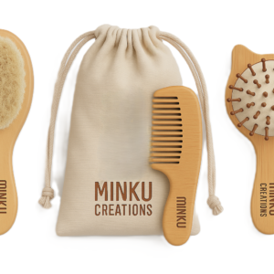 KitMik wooden baby hair brush, comb and cat-shaped brush 3-piece set with cotton pouch