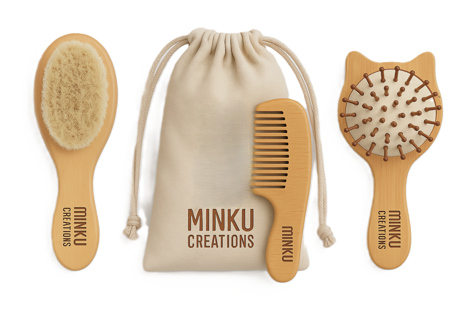 KitMik wooden baby hair brush, comb and cat-shaped brush 3-piece set with cotton pouch