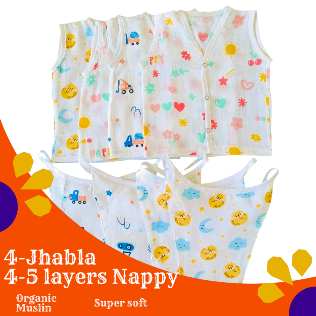 KitMik Organic Muslin Button Jhabla and 5-Layer Nappy Set – Ultra-Soft & Breathable Baby Clothing (Pack of 4 Jhabla & 4 Nappy)-Multi Print,0-3 Months