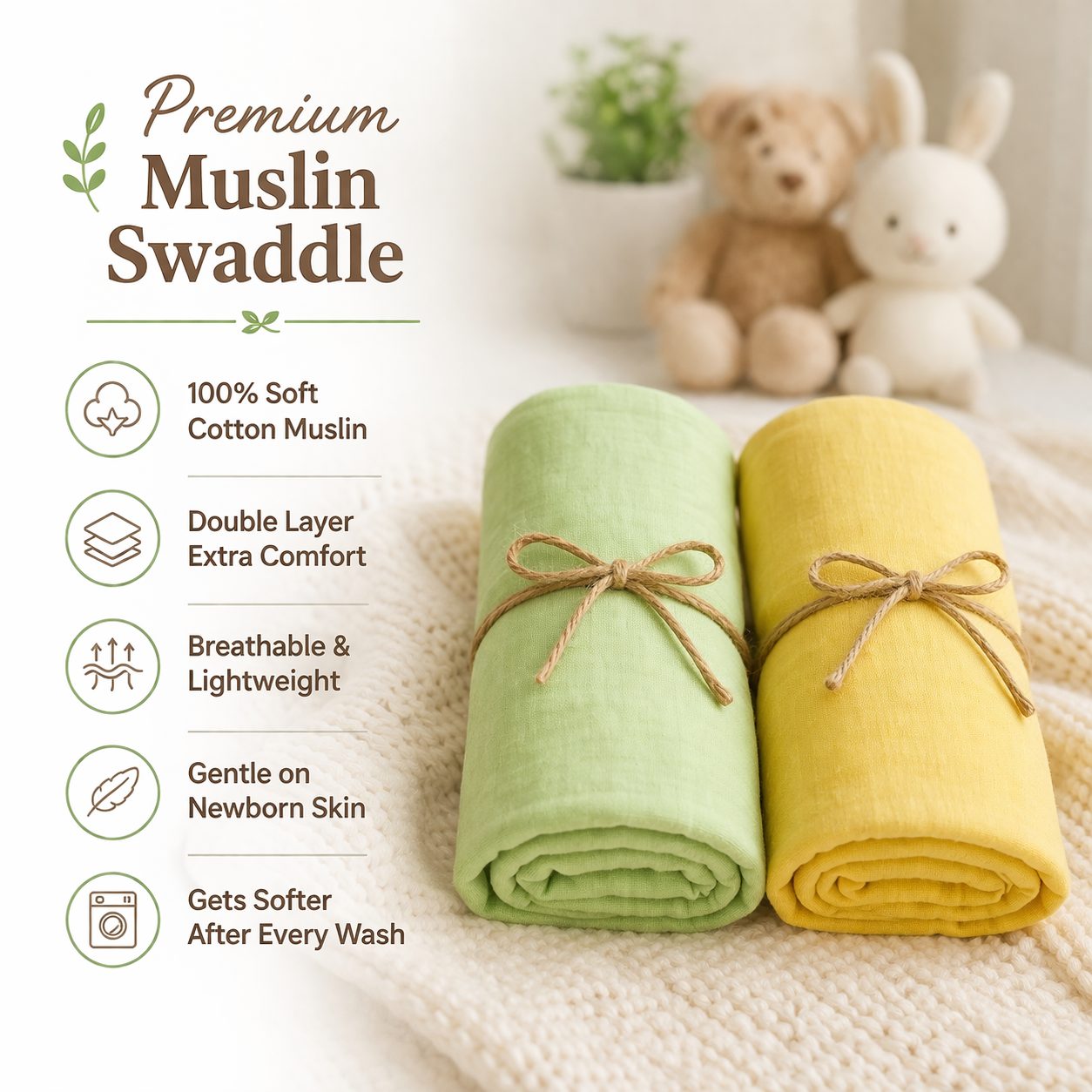 KitMik Organic Crinkled Muslin Baby Swaddle/Towel/Blanket for Infant and Toddlers Kids Boys and Girls-Set of 2 - Image 2