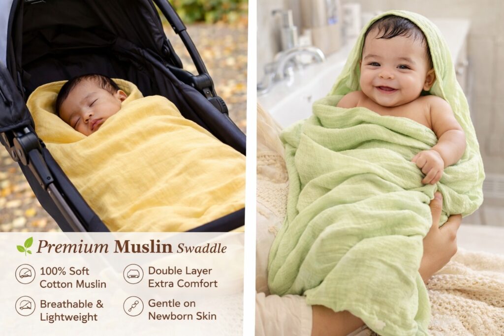 KitMik Organic Crinkled Muslin Baby Swaddle/Towel/Blanket for Infant and Toddlers Kids Boys and Girls-Set of 2