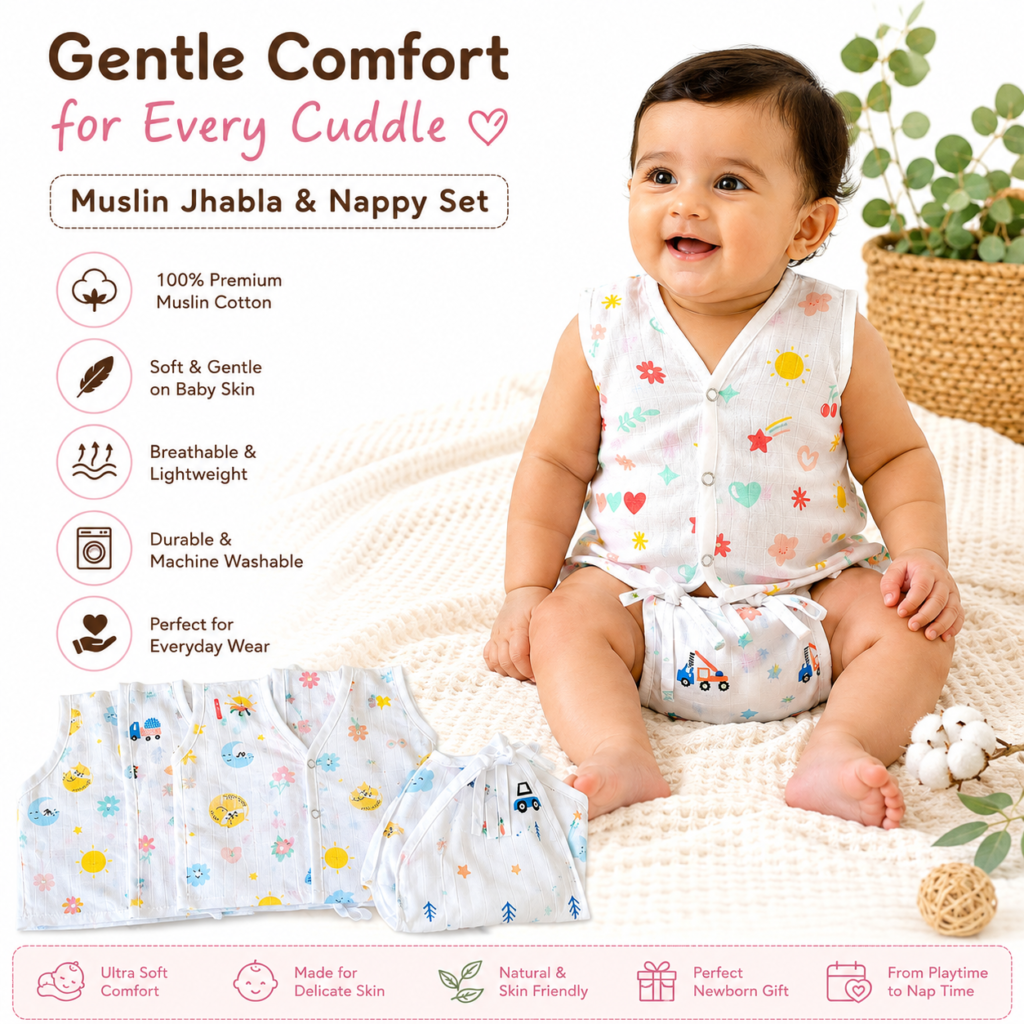 KitMik Organic Muslin Button Jhabla and 5-Layer Nappy Set – Ultra-Soft & Breathable Baby Clothing (Pack of 4 Jhabla & 4 Nappy)-Multi Print,0-3 Months