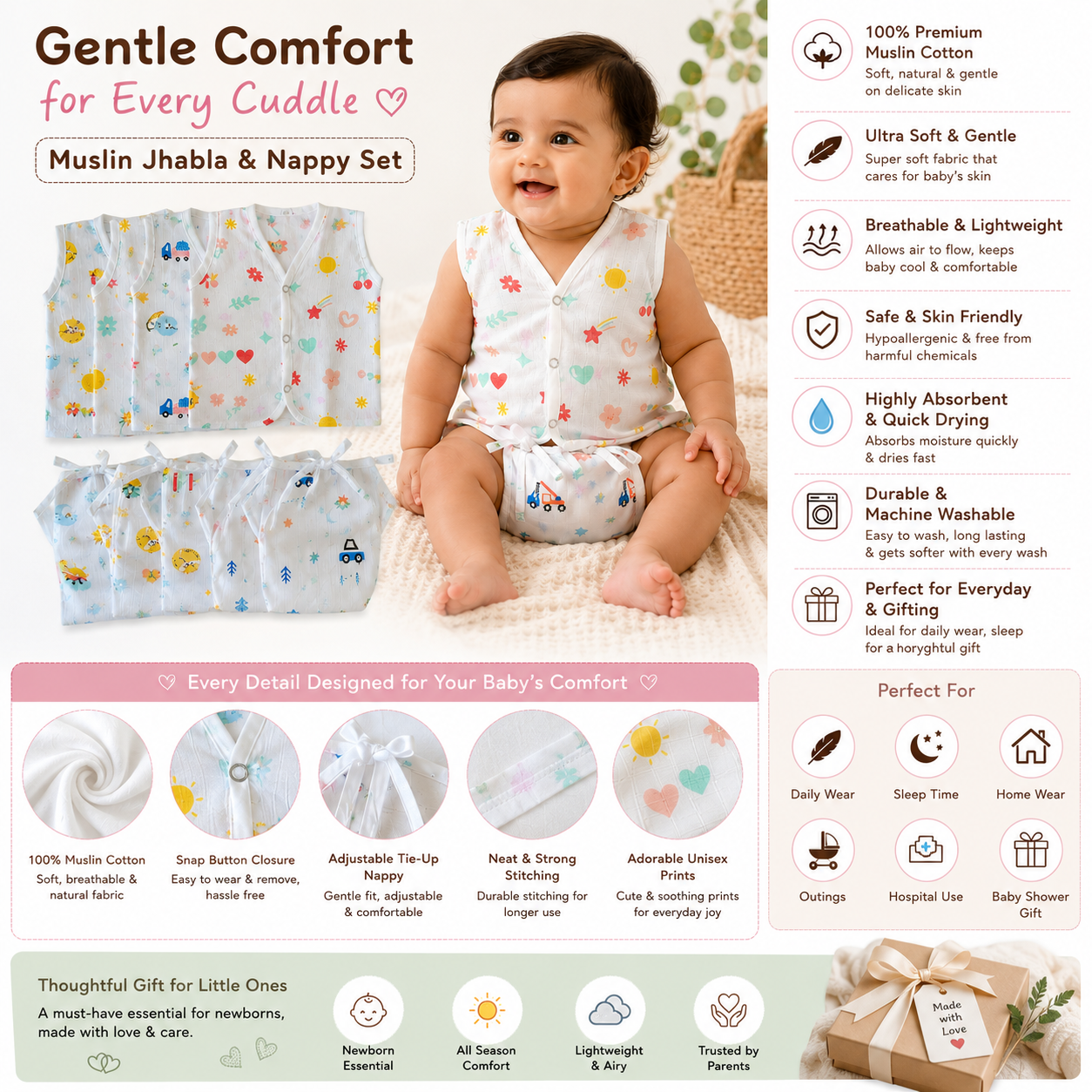 KitMik Organic Muslin Button Jhabla and 5-Layer Nappy Set – Ultra-Soft & Breathable Baby Clothing (Pack of 4 Jhabla & 4 Nappy)-Multi Print,0-3 Months - Image 4