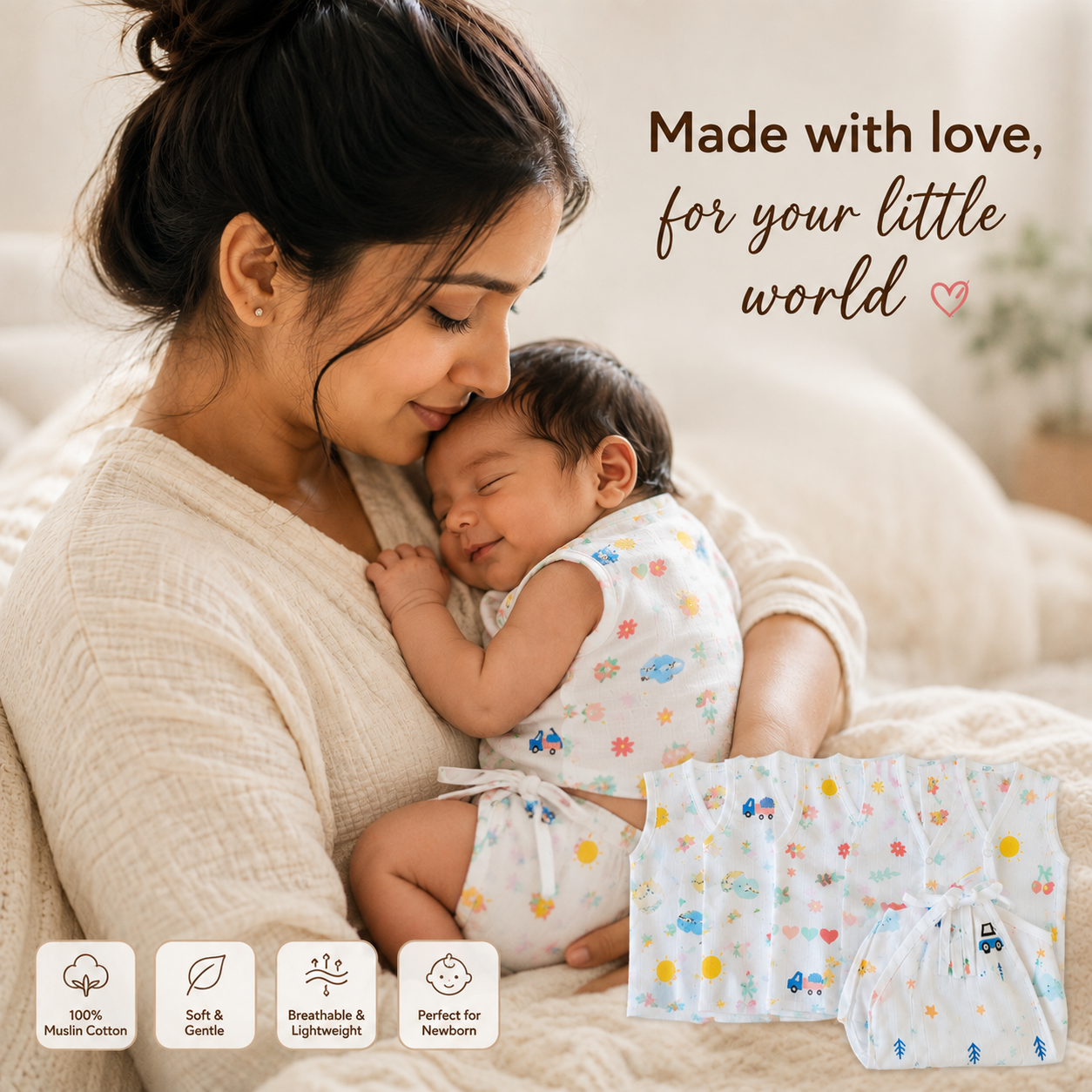 KitMik Organic Muslin Button Jhabla and 5-Layer Nappy Set – Ultra-Soft & Breathable Baby Clothing (Pack of 4 Jhabla & 4 Nappy)-Multi Print,0-3 Months - Image 5