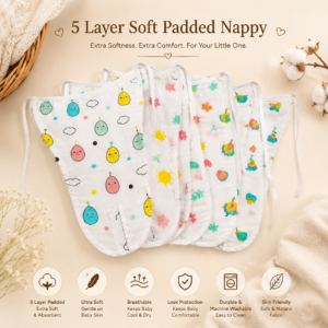 KitMik Organic Muslin Button Jhabla and 5-Layer Nappy Set – Ultra-Soft & Breathable Baby Clothing (Pack of 4 Jhabla & 4 Nappy)-Multi Print,0-3 Months - Image 6