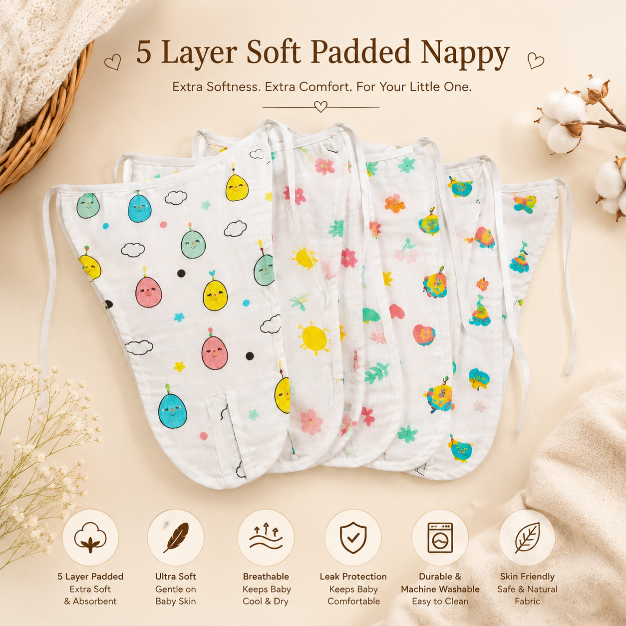 KitMik Organic Muslin Button Jhabla and 5-Layer Nappy Set – Ultra-Soft & Breathable Baby Clothing (Pack of 4 Jhabla & 4 Nappy)-Multi Print,0-3 Months - Image 6