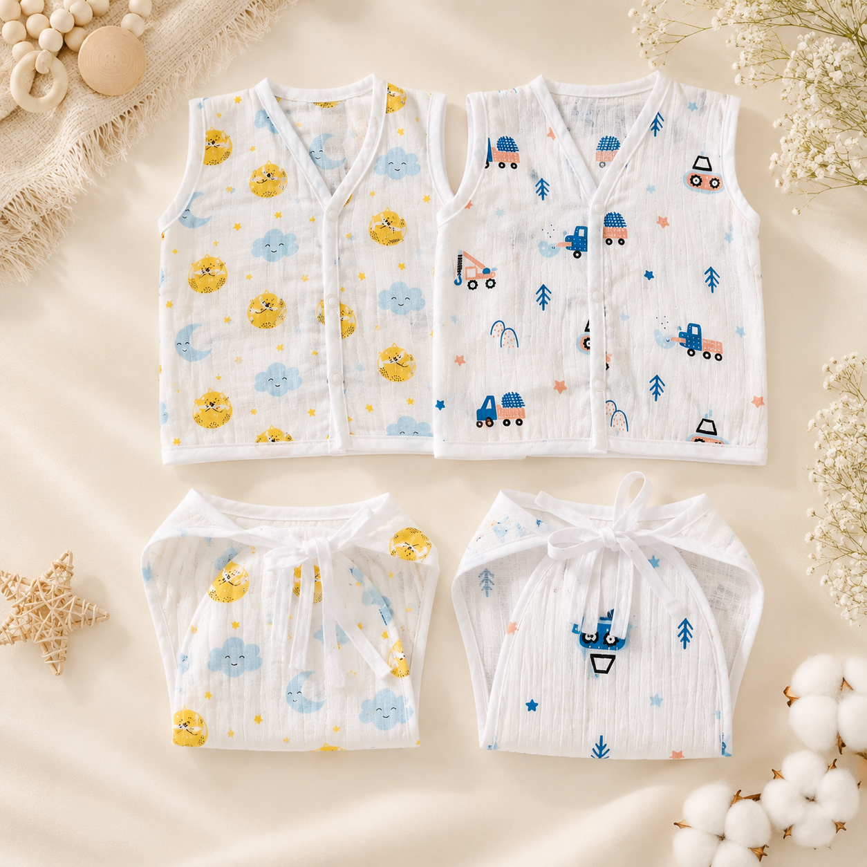 KitMik Organic Muslin Button Jhabla and 5-Layer Nappy Set – Ultra-Soft & Breathable Baby Clothing (Pack of 4 Jhabla & 4 Nappy)-Multi Print,0-3 Months - Image 7