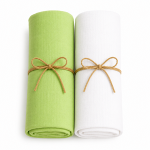 KitMik Crinkled Muslin Baby Swaddle Set, Baby Towel, Swaddle Blanket Size-105cm x 105 cm, 0-18 Month+, Muslin Swaddle Wrap for New Born, Pack of 2,White,Green - Image 1