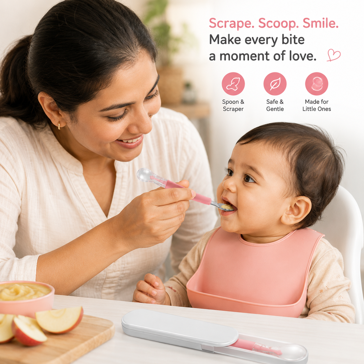 KitMik Double Side Head 2 in 1 Silicone Food Spoon, Stainless Steel Fruit Scraper for Baby & Toddler, Fruit Scraping & Feeding Spoons with Travel Case - Image 3