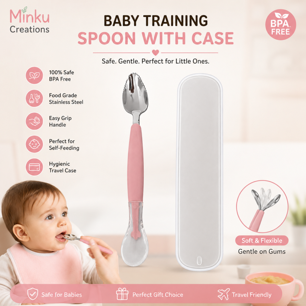 KitMik Double Side Head 2 in 1 Silicone Food Spoon, Stainless Steel Fruit Scraper for Baby & Toddler, Fruit Scraping & Feeding Spoons with Travel Case