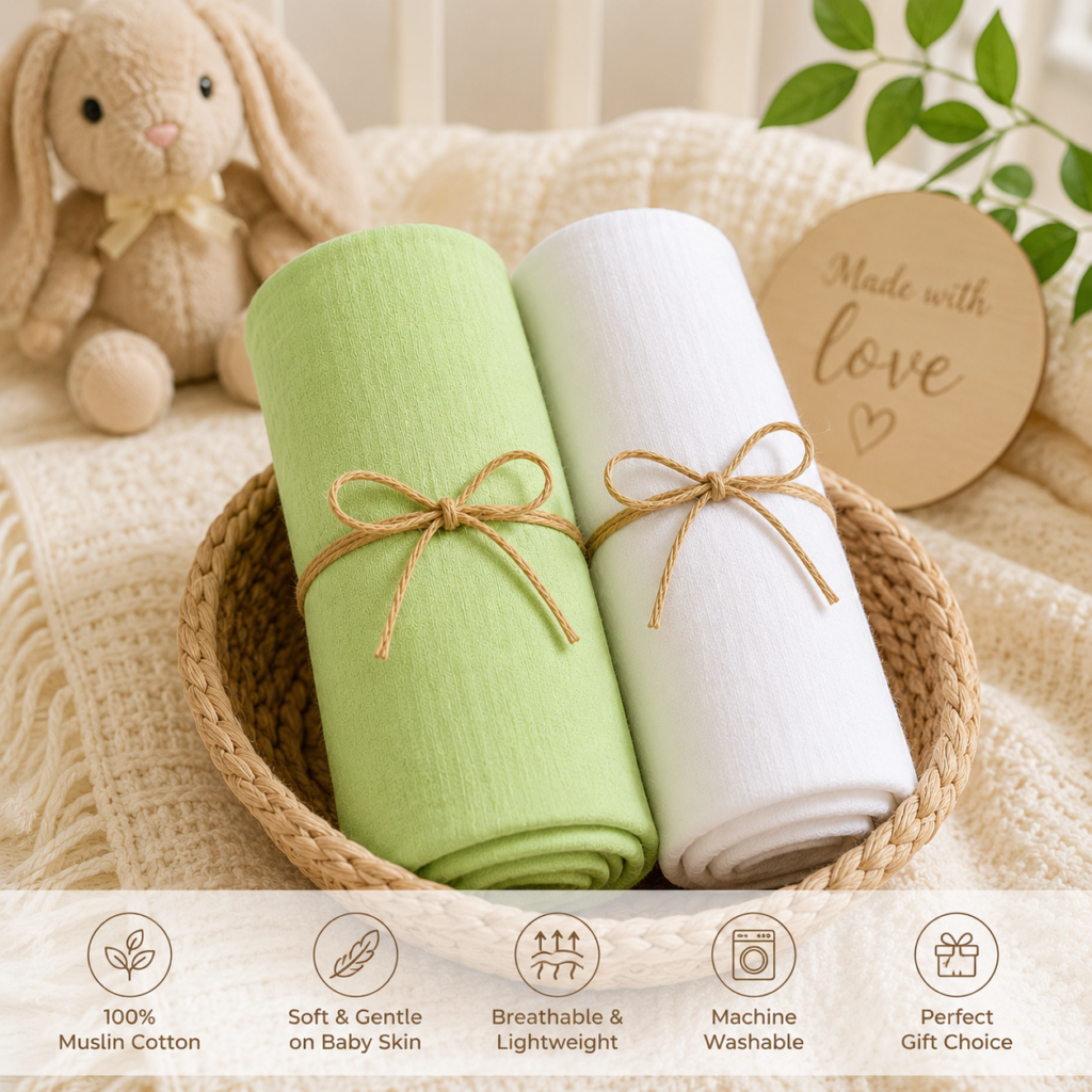 KitMik Crinkled Muslin Baby Swaddle Set, Baby Towel, Swaddle Blanket Size-105cm x 105 cm, 0-18 Month+, Muslin Swaddle Wrap for New Born, Pack of 2,White,Green