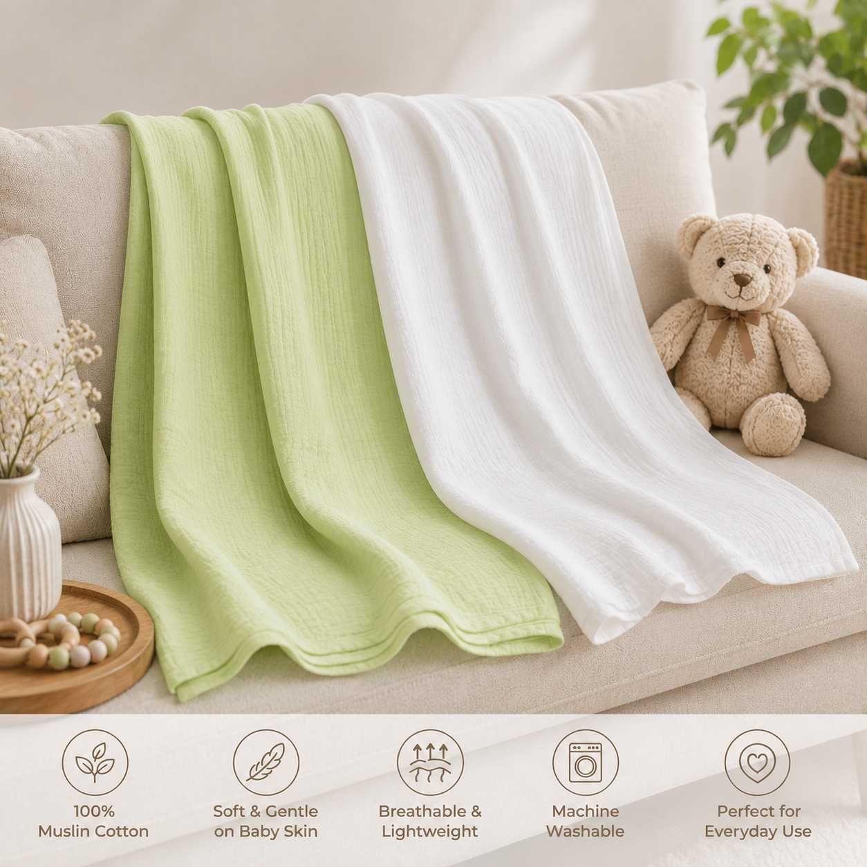 KitMik Crinkled Muslin Baby Swaddle Set, Baby Towel, Swaddle Blanket Size-105cm x 105 cm, 0-18 Month+, Muslin Swaddle Wrap for New Born, Pack of 2,White,Green - Image 4