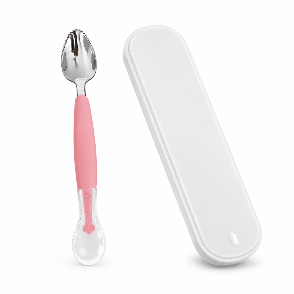 KitMik Double Side Head 2 in 1 Silicone Food Spoon, Stainless Steel Fruit Scraper for Baby & Toddler, Fruit Scraping & Feeding Spoons with Travel Case