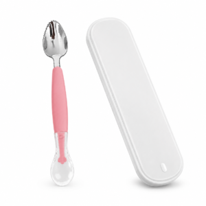 KitMik Double Side Head 2 in 1 Silicone Food Spoon, Stainless Steel Fruit Scraper for Baby & Toddler, Fruit Scraping & Feeding Spoons with Travel Case - Image 1