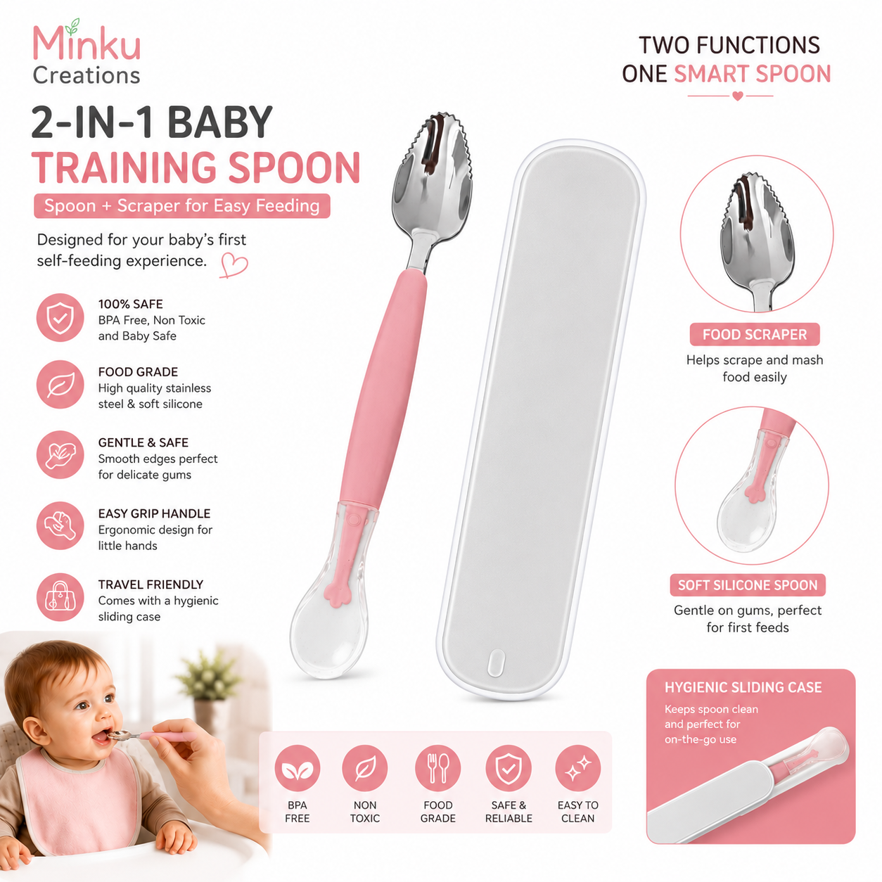 KitMik Double Side Head 2 in 1 Silicone Food Spoon, Stainless Steel Fruit Scraper for Baby & Toddler, Fruit Scraping & Feeding Spoons with Travel Case - Image 2
