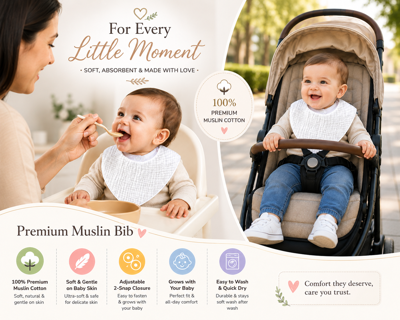 KitMik Organic Crinkled Muslin 6 layer Feeding Bib for Infant and Toddler -White - Image 2