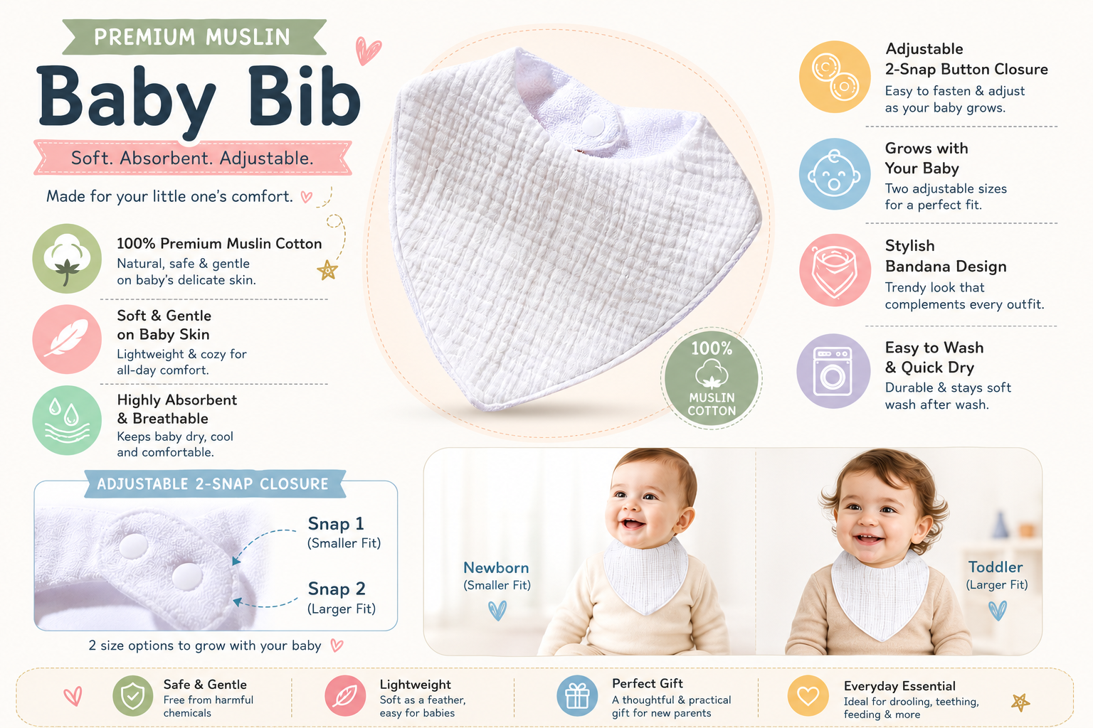 KitMik Organic Crinkled Muslin 6 layer Feeding Bib for Infant and Toddler -White - Image 3