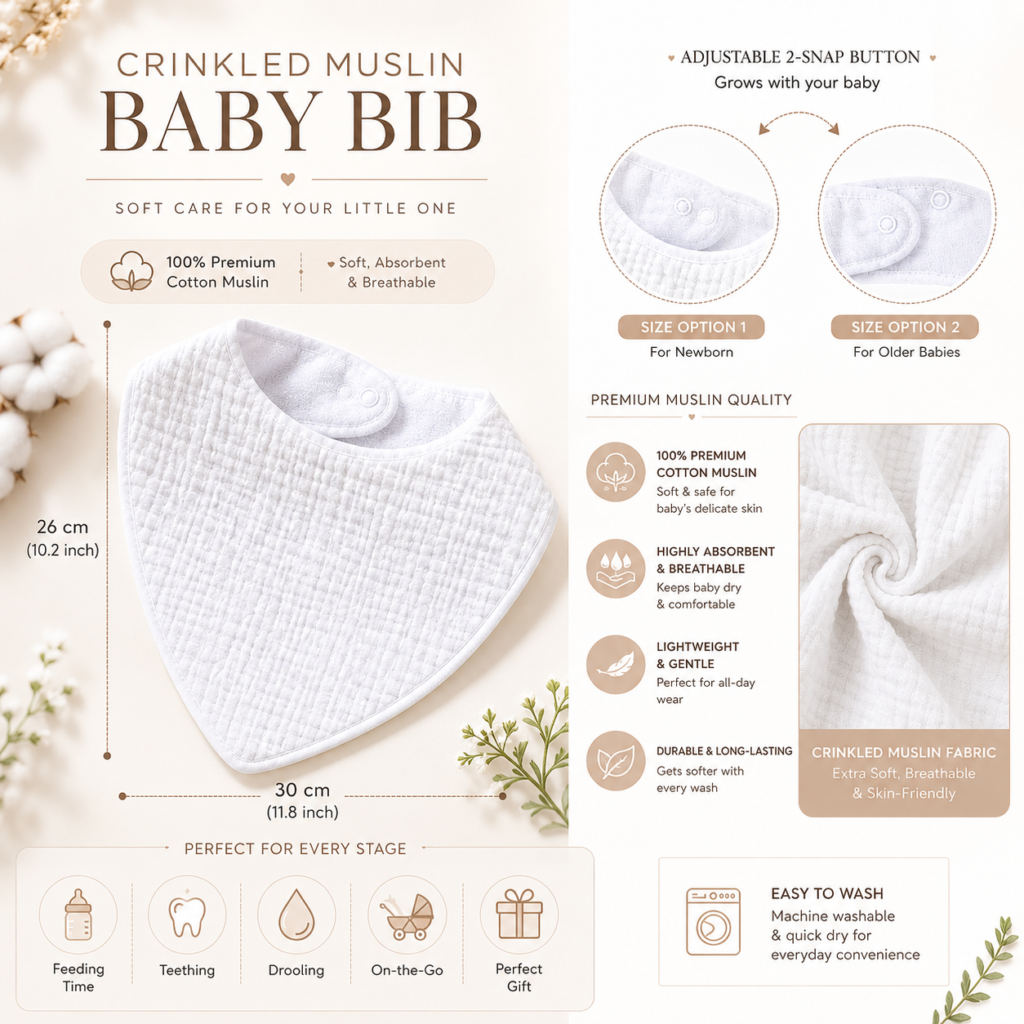 KitMik Organic Crinkled Muslin 6 layer Feeding Bib for Infant and Toddler -White