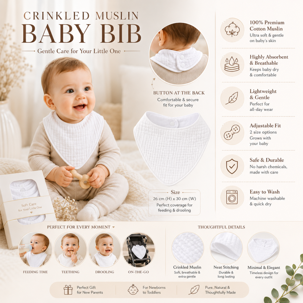 KitMik Organic Crinkled Muslin 6 layer Feeding Bib for Infant and Toddler -White