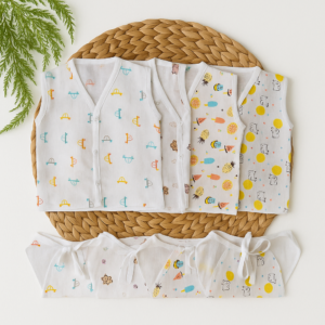KitMik Organic Muslin Button Jhabla and 5-Layer Nappy Set – Ultra-Soft & Breathable Baby Clothing (Pack of 4 Jhabla & 4 Nappy)-Multi Print,0-3 Months - Image 1