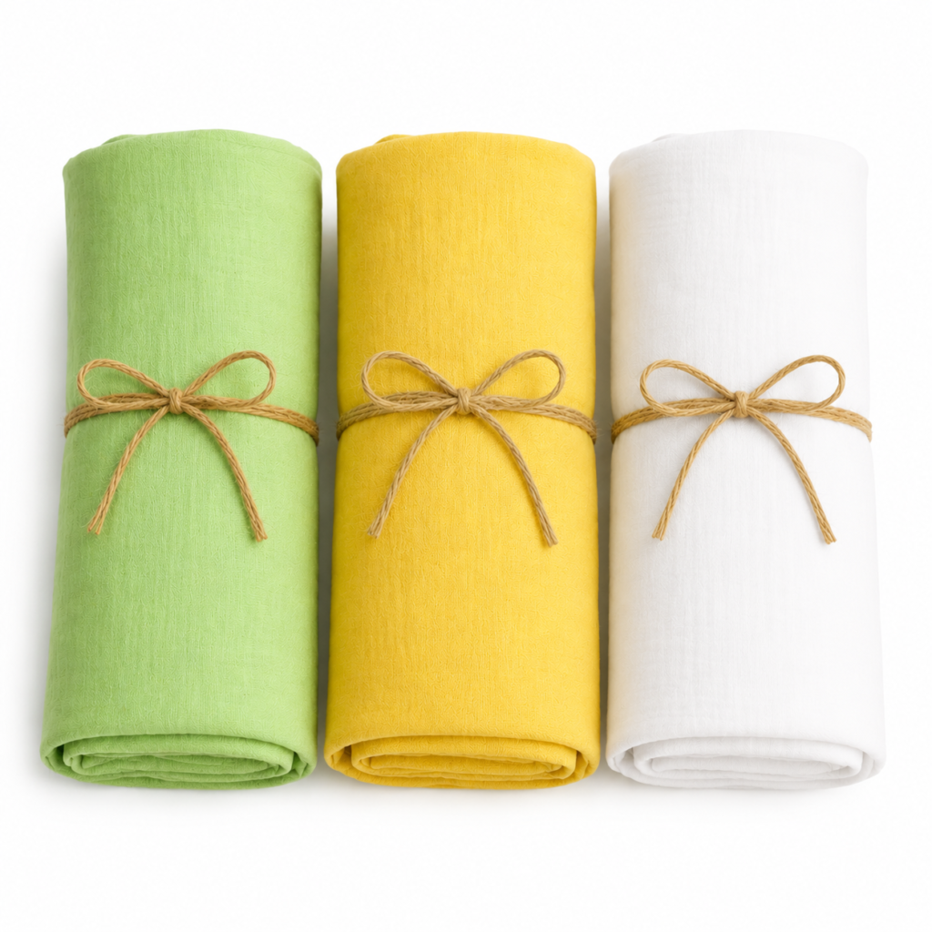 KitMik Crinkled Muslin cotton Baby Swaddle Set, Baby Towel, Size-105cm x 105 cm, 0-18 Month+, Muslin Swaddle Wrap for New Born, Pack of 3,Yellow Olive & White