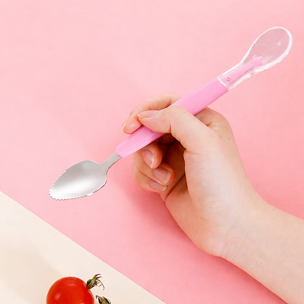 KitMik Double Side Head 2 in 1 Silicone Food Spoon, Stainless Steel Fruit Scraper for Baby & Toddler, Fruit Scraping & Feeding Spoons with Travel Case