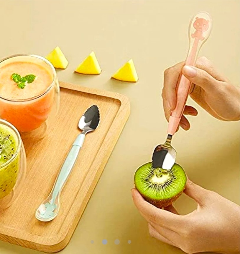 KitMik Double Side Head 2 in 1 Silicone Food Spoon, Stainless Steel Fruit Scraper for Baby & Toddler, Fruit Scraping & Feeding Spoons with Travel Case