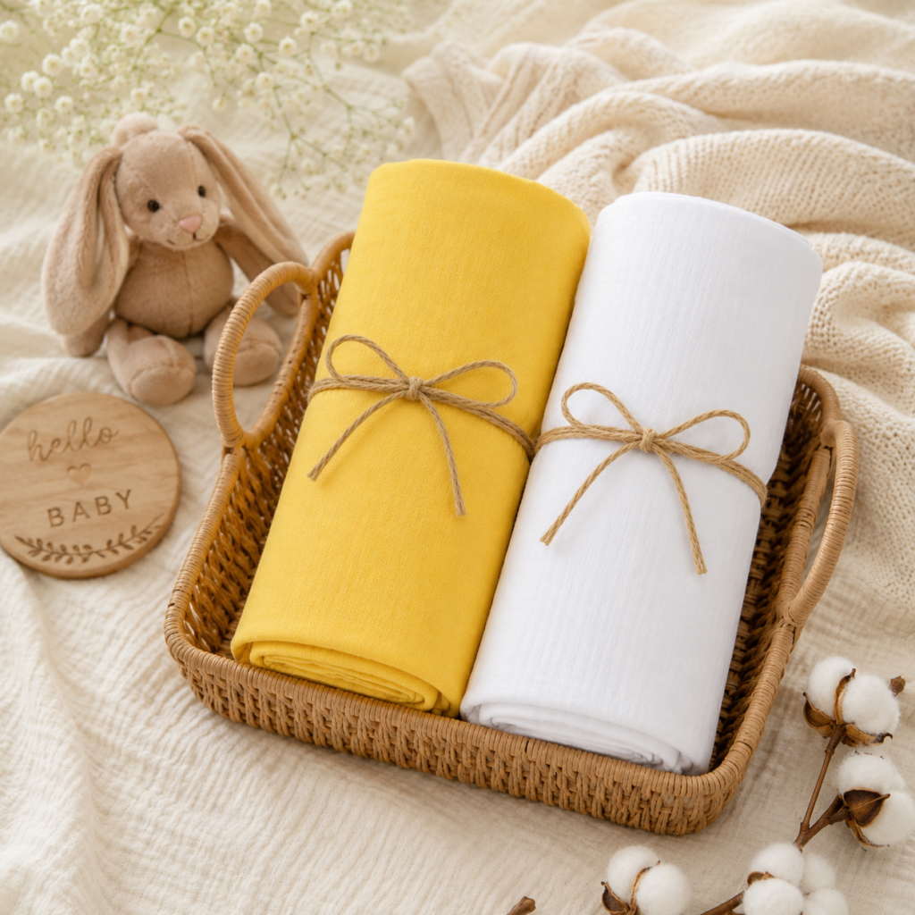 KitMik Double Layer Crinkled Muslin Baby Swaddle Set, Baby Towel, Size-105cm x 105 cm, 0-18 Month+, Light weight Swaddle Wrap for New Born, Pack of 2,Yellow and White