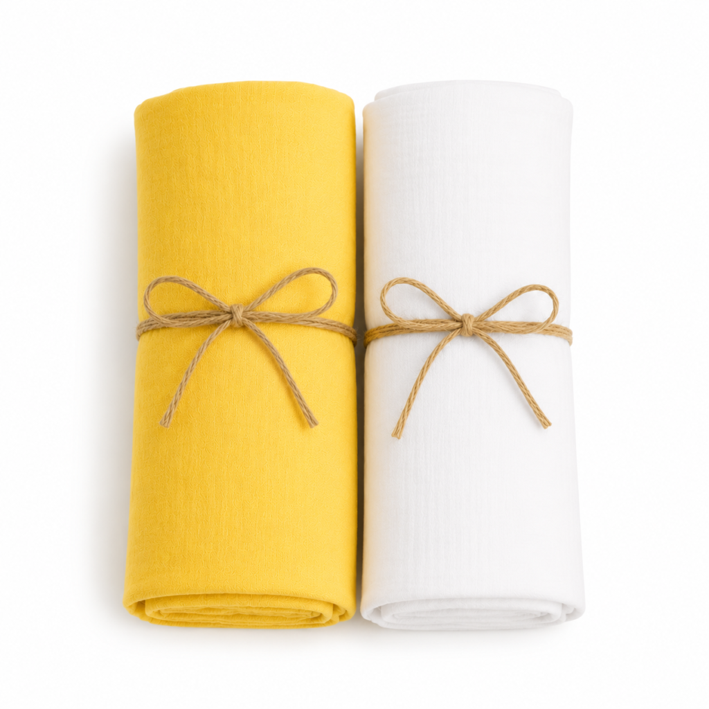 KitMik Double Layer Crinkled Muslin Baby Swaddle Set, Baby Towel, Size-105cm x 105 cm, 0-18 Month+, Light weight Swaddle Wrap for New Born, Pack of 2,Yellow and White