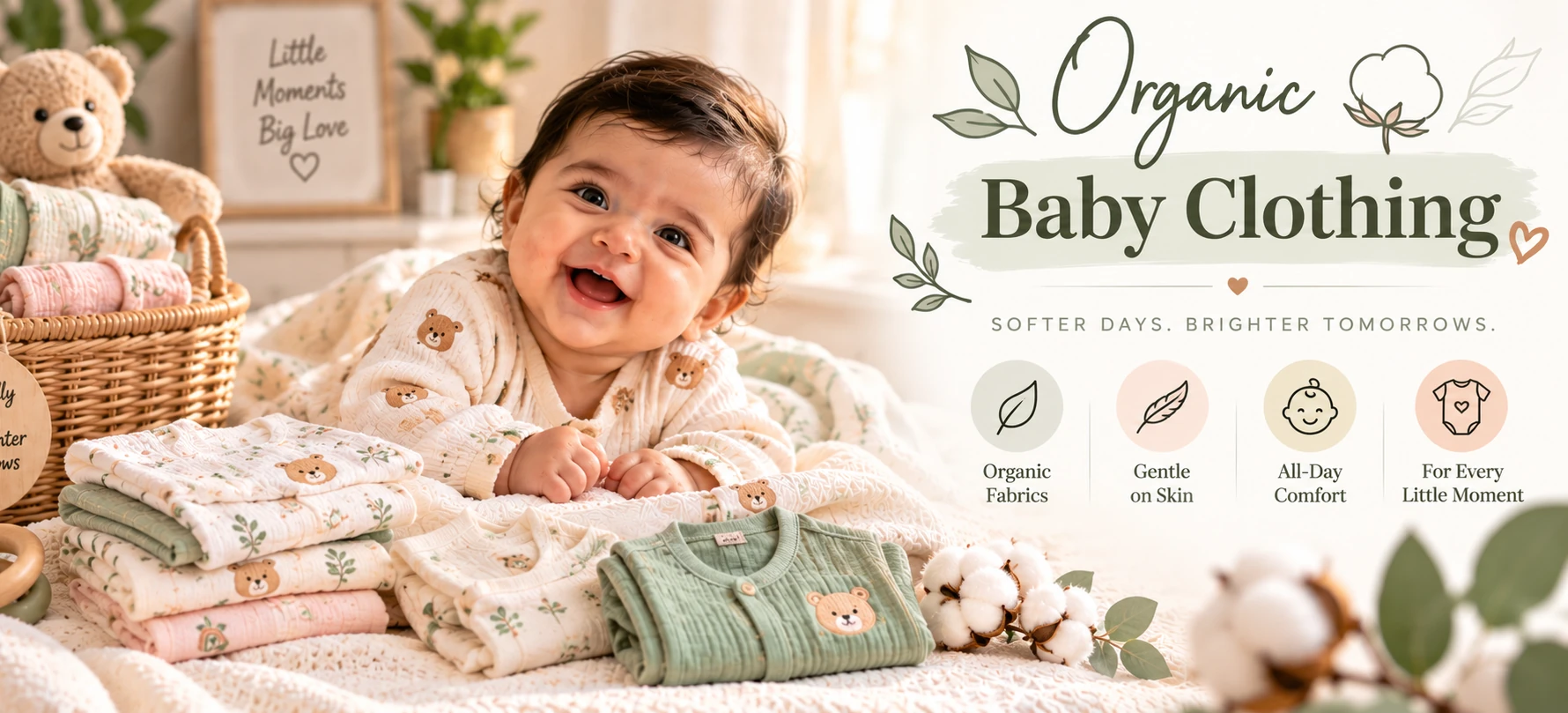 Organic baby clothing — smiling baby with muslin swaddles and cotton outfits