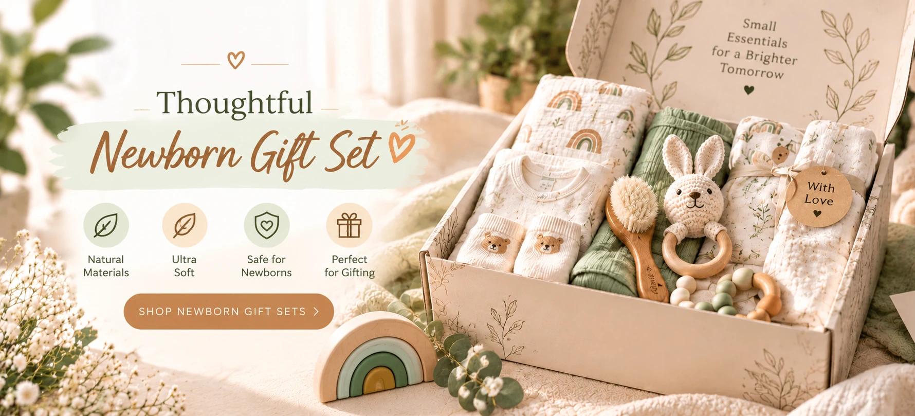 Thoughtful newborn gift set in sage green with bunny rattle and wooden teether