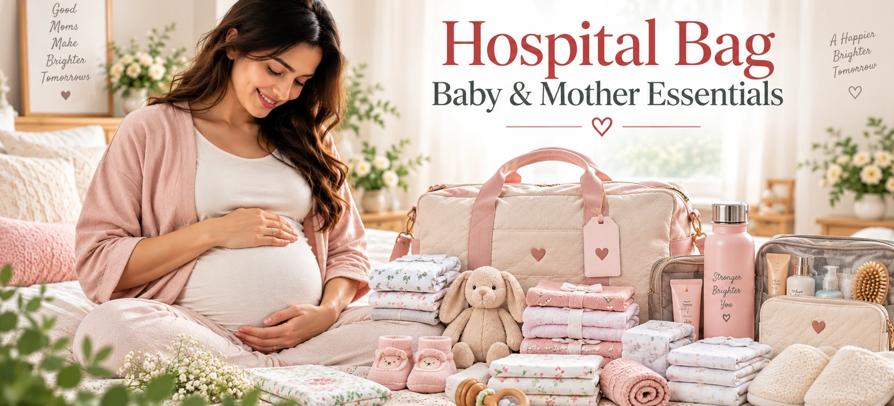 Hospital bag — expectant mother with baby and mother essentials laid out
