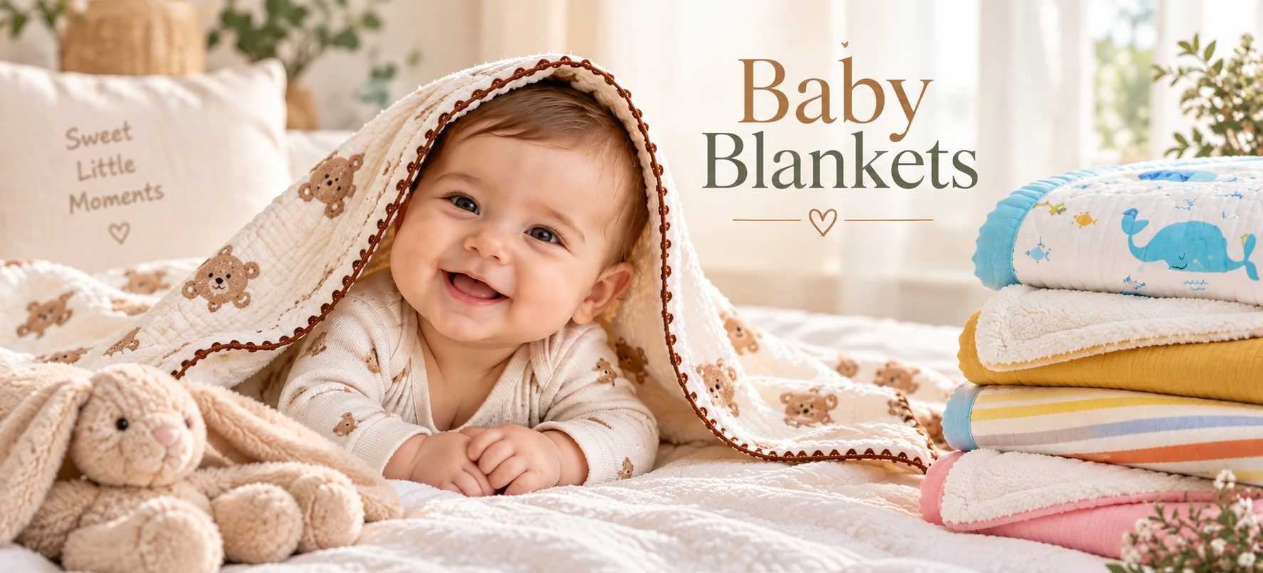 Baby blankets — baby under a teddy-bear muslin blanket beside a stack of blankets