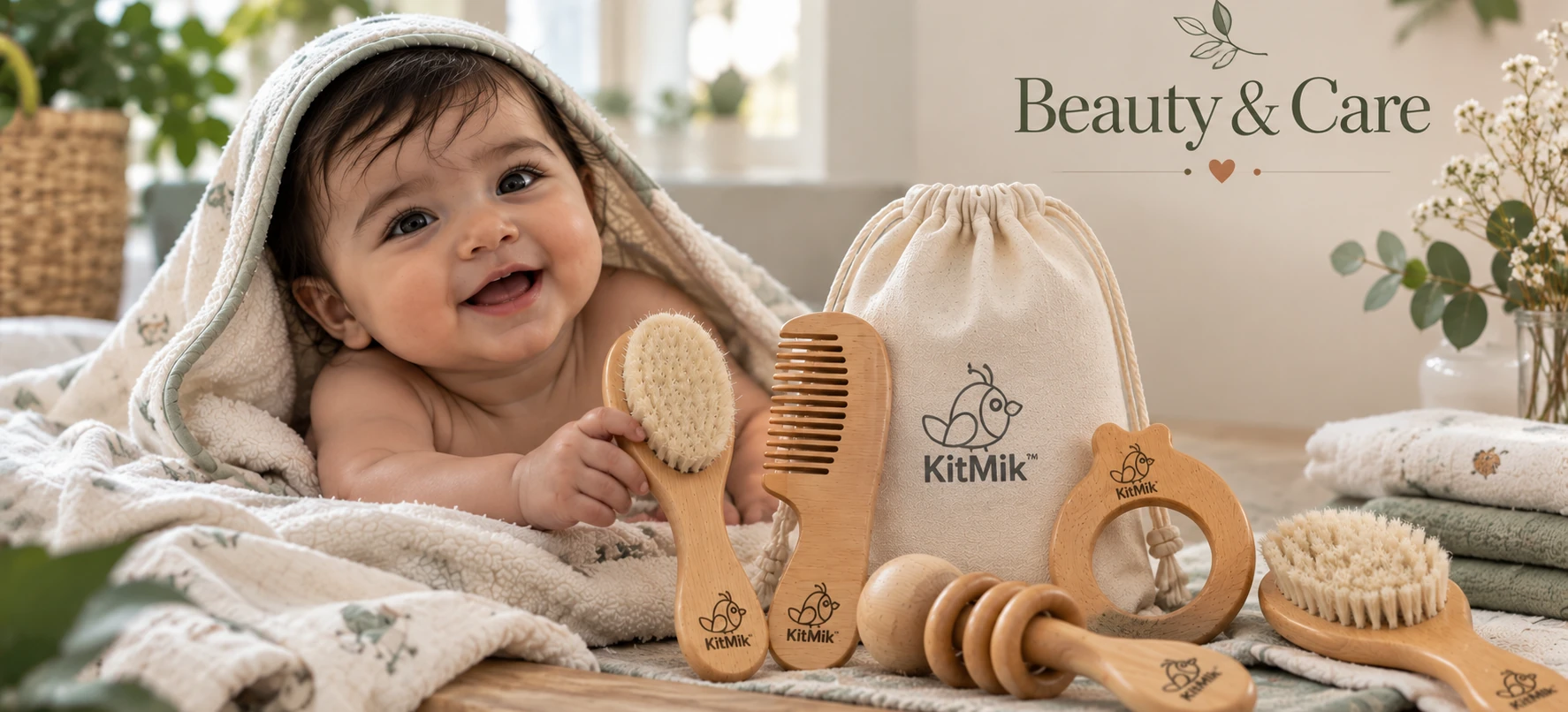Baby beauty and care set — wooden brush, comb, rattle and teether with hooded towel