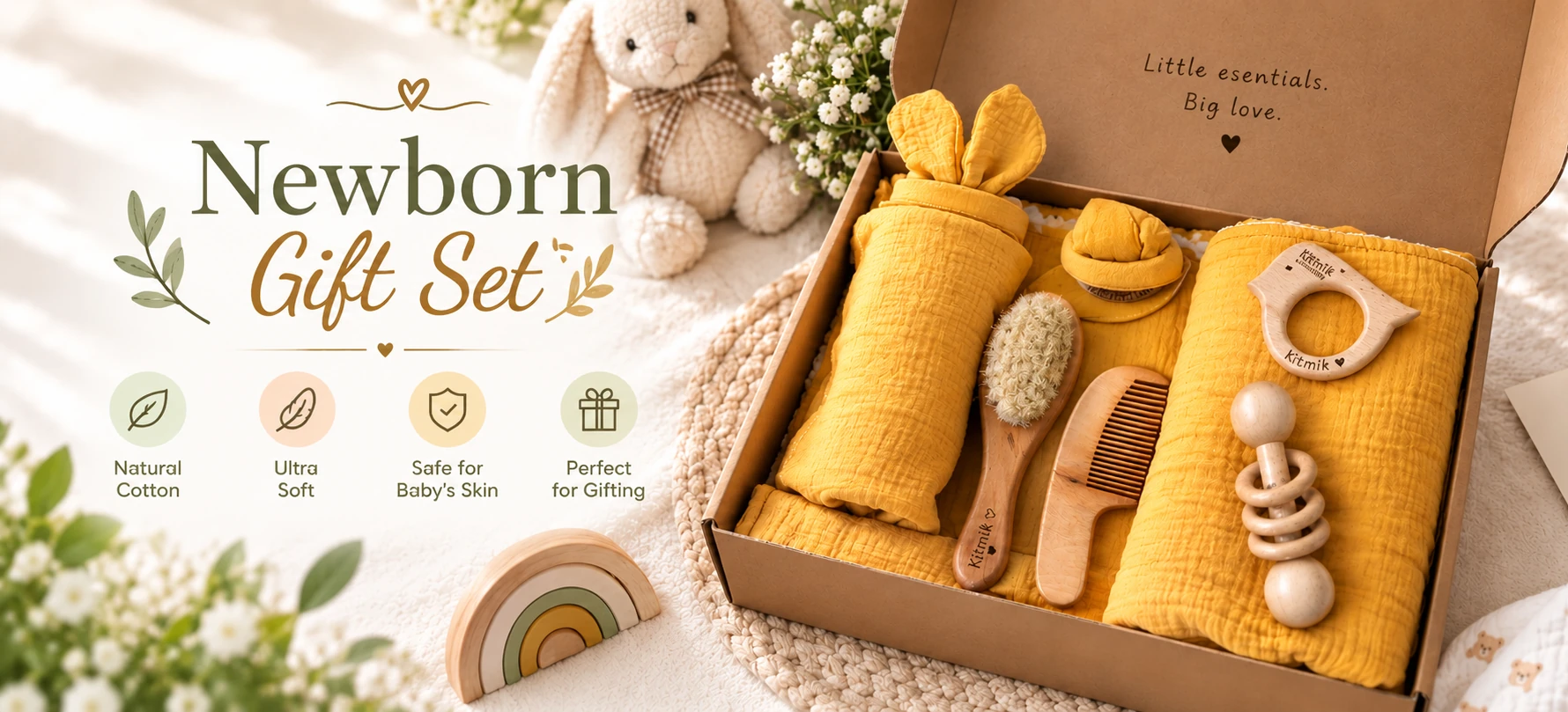 Newborn gift set in mustard yellow muslin with wooden brush, comb and rattle