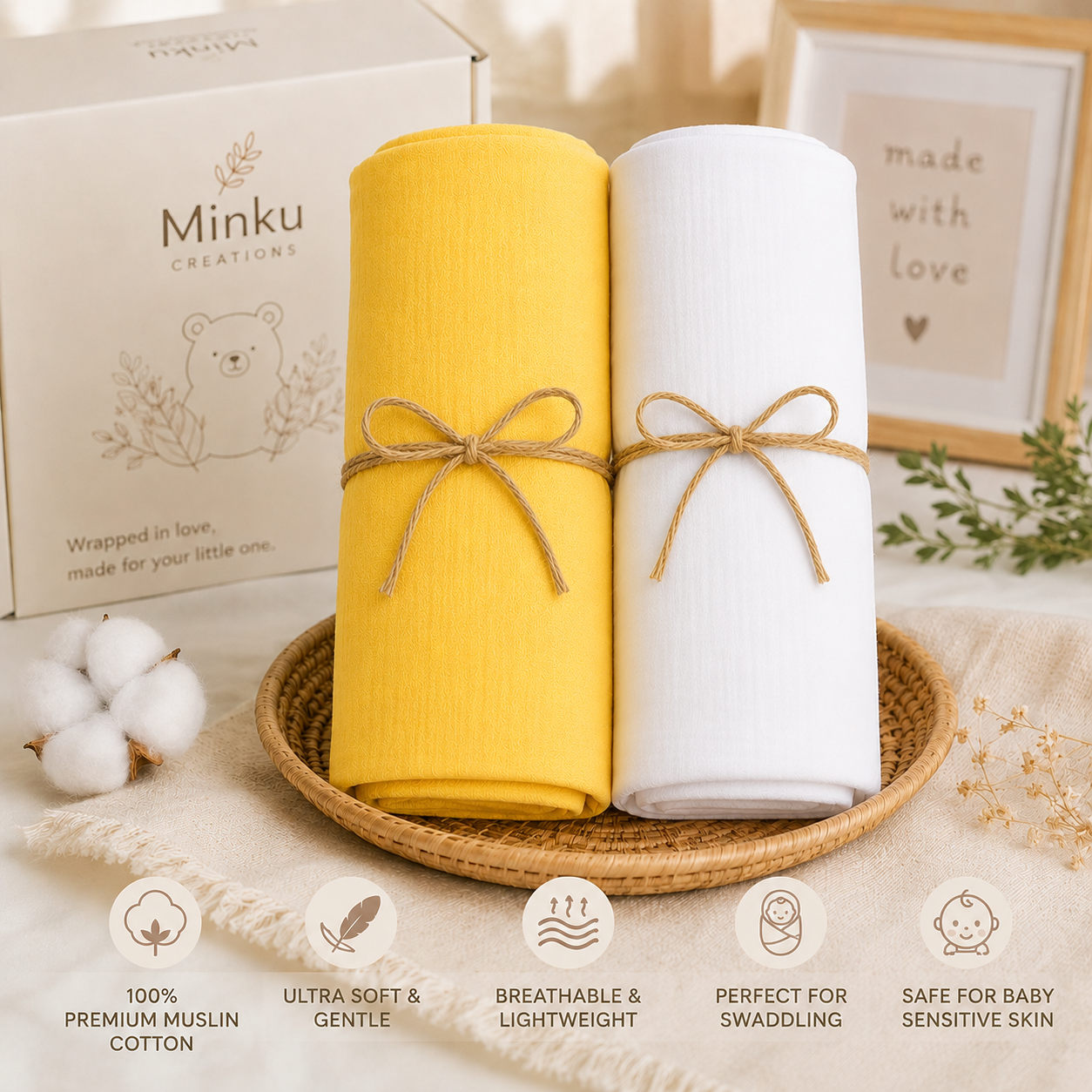 KitMik Double Layer Crinkled  Muslin Baby Swaddle Set, Baby Towel, Size-105cm x 105 cm, 0-18 Month+, Light weight Swaddle Wrap for New Born, Pack of 2,Yellow and White - Image 9